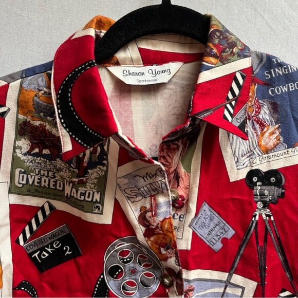 Vintage Sharon Young 80s western cowboy movie print button down shirt Sz M - Picture 4 of 8